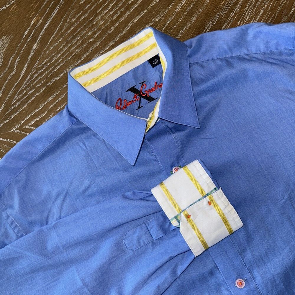 Robert Graham LARGE Mens BLUE w/ GOLD Accents Button Up Long Sleeve  ~ EXCELLENT